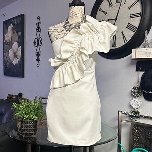 DO+BE White One Shoulder Ruffle Mini Dress Size S Cocktail Party